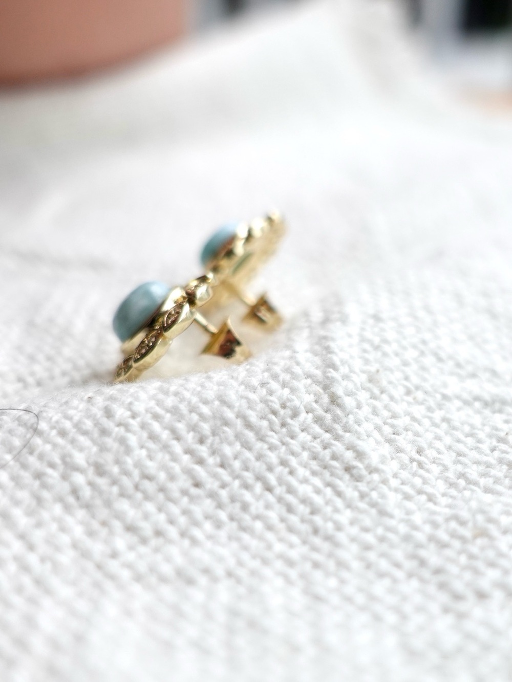 New! Gold Rope-Edge Stud Earrings with Larimar stone - Picture 4 of 5